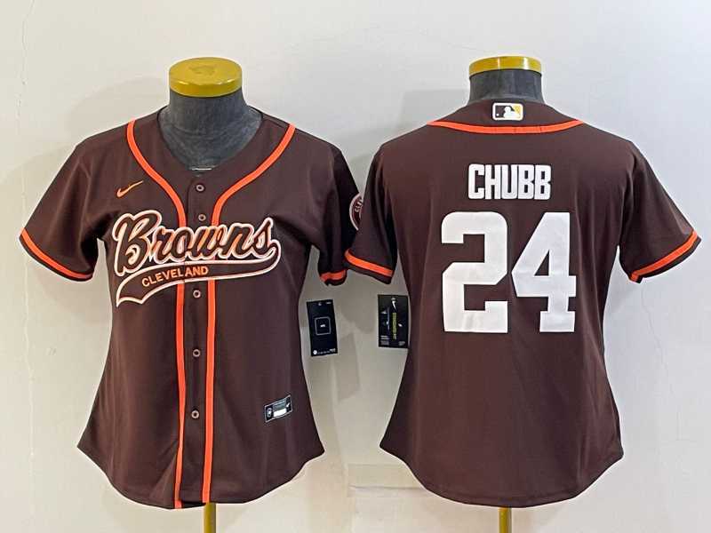 Women%27s Cleveland Browns #24 Nick Chubb Brown With Patch Cool Base Stitched Baseball Jersey->women nfl jersey->Women Jersey